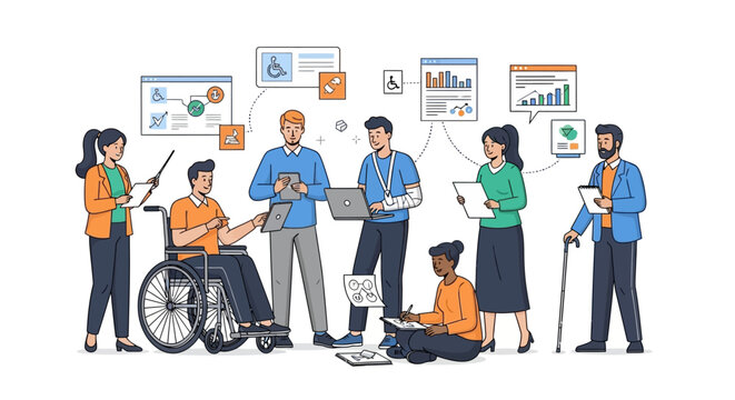 Diverse team collaborating on accessible digital project with inclusive design