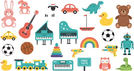 Cute kids toys and musical instruments set with teddy bear, piano, guitar, robot, car, rainbow cartoon vector illustration © MstLinaAkter