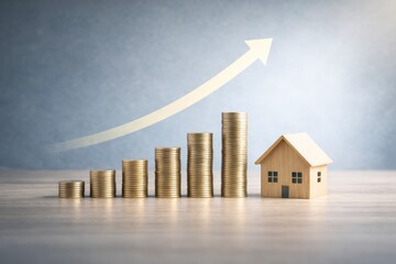 Wooden house with stacks of coins and growing arrow on gray surface  concept of financial growth and investment JPG image