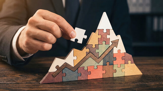 Confident executive hand placing last puzzle piece on mountain peak with rising arrow to complete business strategy concept showing financial growth success and satisfied achievement goal