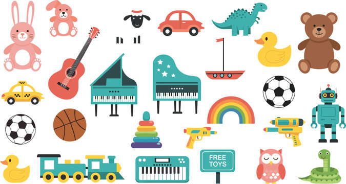 Cute kids toys and musical instruments set with teddy bear, piano, guitar, robot, car, rainbow cartoon vector illustration