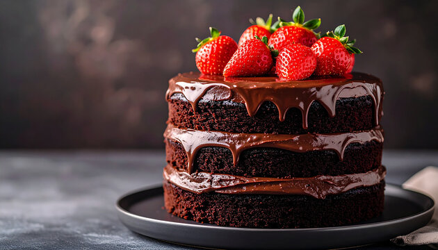 Double decker cake with glossy chocolate cream and fresh strawberries on top, festive birthday dessert
