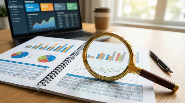 Focused business analysis concept showing magnifying glass on financial report document with data chart. Office desk features laptop screen graphs for market research strategy