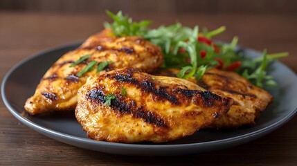 Three grilled chicken breasts with grill marks served on a dark plate with fresh green garnish