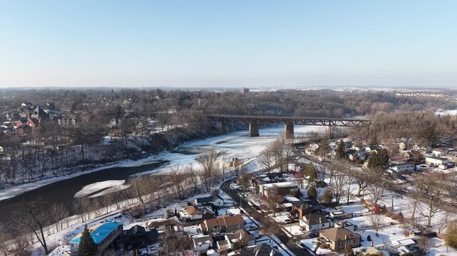 Cinematic Winter Aerial Drone Footage of Paris Ontario Canada Along the Grand River