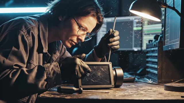 Woman technician repairs broken screen with screwdriver at workshop. Engineer fixes device on workbench. Technician works with damaged electronic screen. Woman repairs equipment in workshop space.