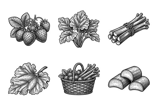 Hand drawn vintage engraving of strawberry and rhubarb set featuring whole fruits stalks leaves and basket