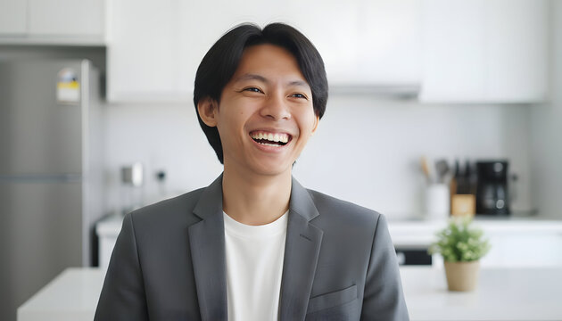 Happy Asian man wearing a suit laughing in bright home kitchen is the epitome of joy and positivity in a modern setting environment