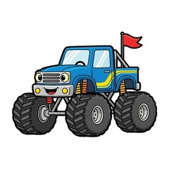 Obraz premium Blue Monster Truck with Red Flag Illustration.