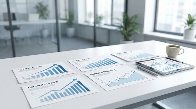 Professional business workplace showing finance report document with chart and graph analysis white desk. Organized corporate strategy data tablet inside modern office brings successful feeling