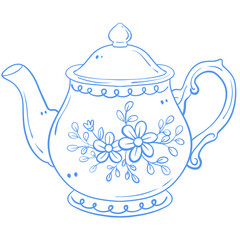 Vintage Floral Teapot Line Art Illustration in Blue Cottage Style
