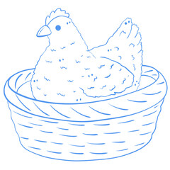 Vintage Hen in Basket Line Art Illustration in Blue Cottage Style