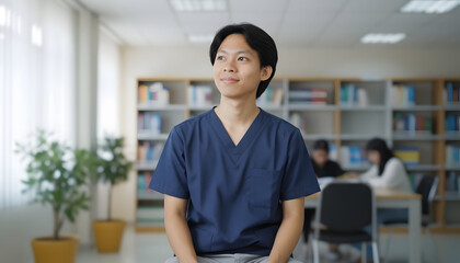 Fototapeta premium Asian man in medical scrubs sits in library looking ahead with bookshelf and plants in background creating serene atmosphere