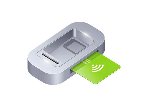 Silver card reader with green contactless payment card inserted transparent background