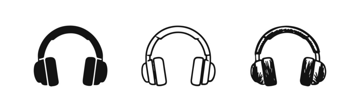 Headphones Icons Set. Earphones in Solid, Outline, and Hand-Drawn Styles for Music and Audio Devices.