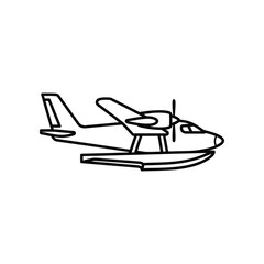 A simple line drawing of a seaplane with pontoons and a propeller