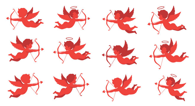 Collection of red cupid silhouettes with bows and arrows, some with halos, on white background