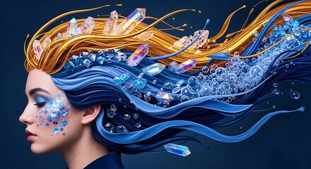 Surreal Flowing Sapphire Hair With Golden Liquid Streams And Floating Crystal Elements In Luxury Fantasy Beauty Concept For Premium Skincare And Art Advertising