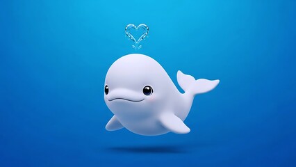 Adorable Cute White Baby Whale Character Floating With Water Heart Splash Above Head on Clean Blue Background for Love, Kindness and Ocean Conservation Concept