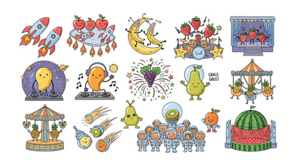 Obraz premium Whimsical Fruity Universe: A vibrant assortment of anthropomorphic fruits and rockets on a journey to the stars, depicting playful exploration and vibrant creativity.
