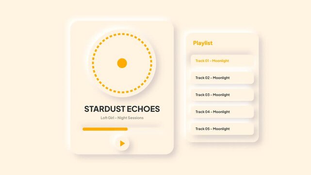 Modern and minimalist digital music player interface design concept, featuring a clean display with current track details and an organized song playlist layout in a soft, elegant aesthetic