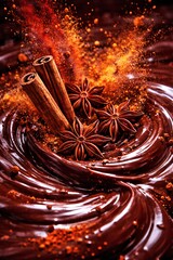 Luxury Melted Dark Chocolate Swirl With Cinnamon Sticks And Star Anise Explosion Creating Aromatic Gourmet Dessert Background For Premium Food Advertising