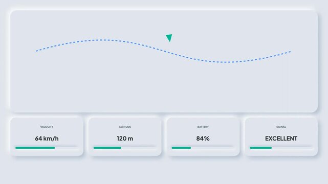 Modern neomorphic UI dashboard concept illustrating data visualization with a smooth line graph and performance metrics for speed, distance, and percentage, displaying an "Excellent" status
