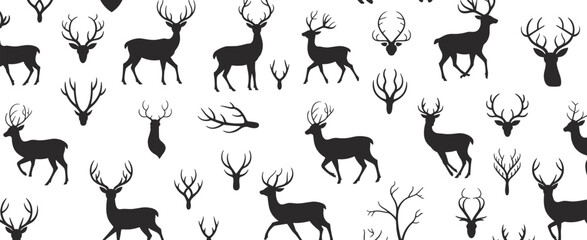 Deer silhouettes collection, antler designs, wildlife vector, hunting icons, forest animals, stag artwork, nature illustration, rustic decoration, reindeer graphics, elk patterns © Its Butterfly