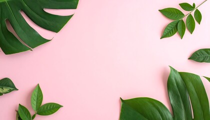 Assortment of vibrant green leaves framing soft pink background, creating a fresh, natural, inviting, and minimalist design
