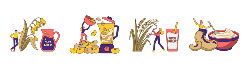 Naklejka premium Flat Vector Plant Based Dairy Alternatives Illustration Set for Vegan Lifestyle and Healthy Nutrition Design