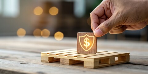 supply warehousing cost. Hand placing a wooden block with a dollar symbol on a miniature wooden pallet, symbolizing financial logistics or investment security.