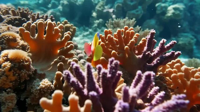 Vibrant underwater world tropical fish swimming through colorful coral reef ecosystem with clear blue ocean water scenery