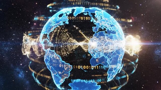 Digital globe with binary code rotating in space, representing global data
