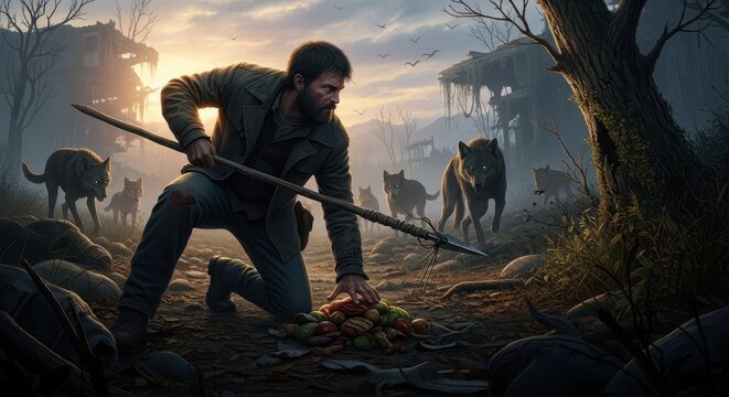 Rugged frontiersman defends gathered sustenance from an approaching pack of wild canines