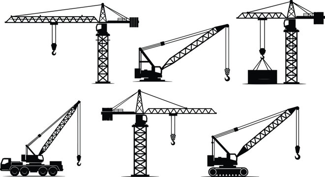 Construction crane silhouettes collection, tower crane, crawler crane and truck crane lifting equipment vector illustration, heavy industrial machinery concept isolated on white background
