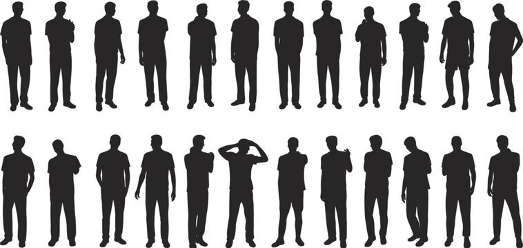 Silhouette collection, male figures, posture variations, gesture recognition, human stance, abstract design, character poses, animation reference, body language study, illustration