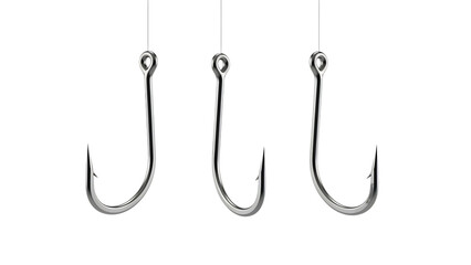 Three metallic fishing hooks suspended in clean linework isolated on a transparent background metal hooks
