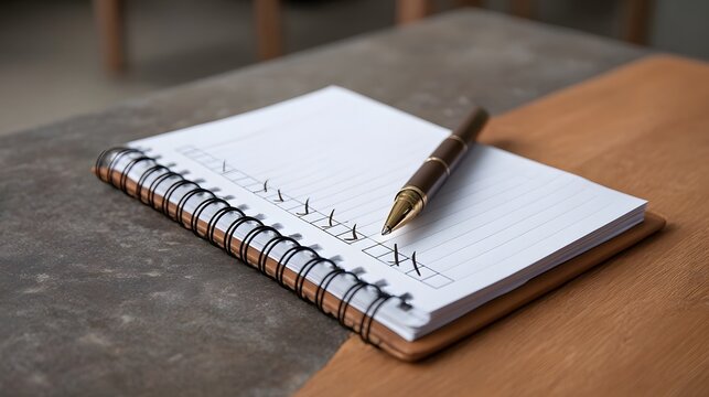 A stylish pen rests upon an open spiral notebook featuring a partially completed checklist set on a dual textured surface