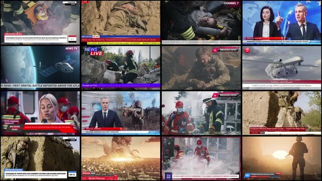 Screen Overwhelmed Contrasting Images, Faces of Anchors in Studios, Drones in Sky and Mushroom Clouds From Explosions. Text Overlays Announce Special Reports, Military Exercises. Infodemic Effect.