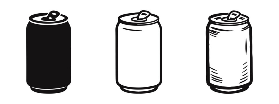 Beverage Can Icon Set: Solid, Outline, and Hand-Drawn Sketch Styles for Refreshment and Packaging