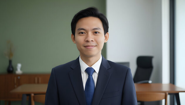 Confident young businessman poses in his modern office wearing a sharp navy blue suit and tie smiling genially at the camera
