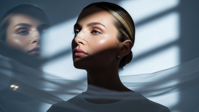 Beautiful woman with bandage on nose for cosmetic surgery recovery. Rhinoplasty procedure concept for aesthetic improvement and beauty.