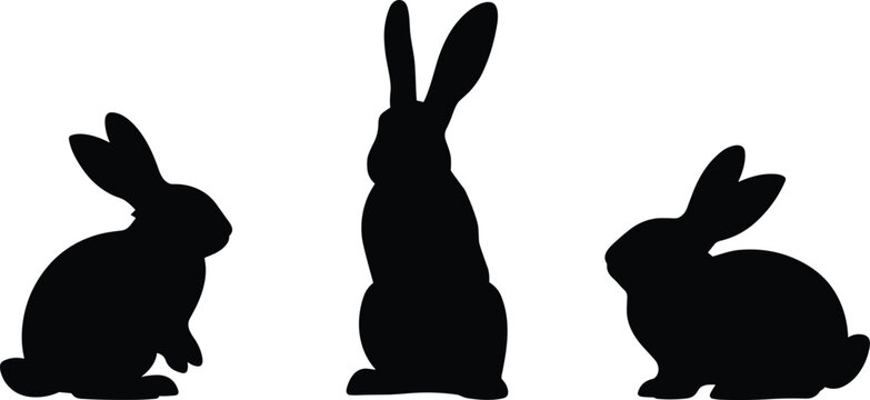 Silhouette rabbits, black bunny shapes, animal outlines, wildlife illustration, pet art, Easter design, nature symbol, vector graphic, minimalist decor, cute mammals