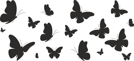 Black butterfly silhouettes flying in motion, elegant insect pattern design, decorative nature background, abstract freedom concept, transformation art illustration © Its Butterfly