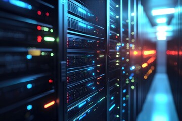 Modern IT data center corridor with illuminated server racks and colorful status lights, enterprise infrastructure and cybersecurity technology concept, idea for cloud computing and storage background