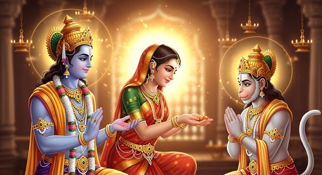 Devotion and Blessing Sita Offering Aarti to Hanuman on Ram Navami Festival Celebration, a Spiritual Moment