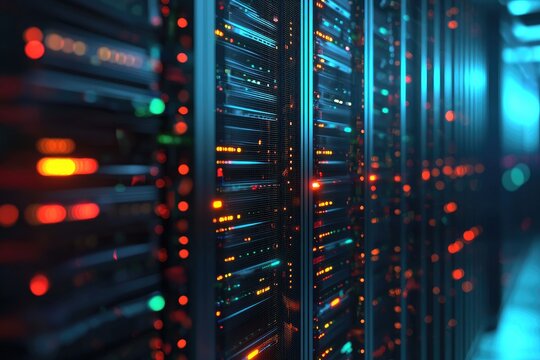 Modern IT server rack close up with illuminated red and blue status lights in data center corridor, enterprise infrastructure and cybersecurity technology concept, idea for cloud computing background