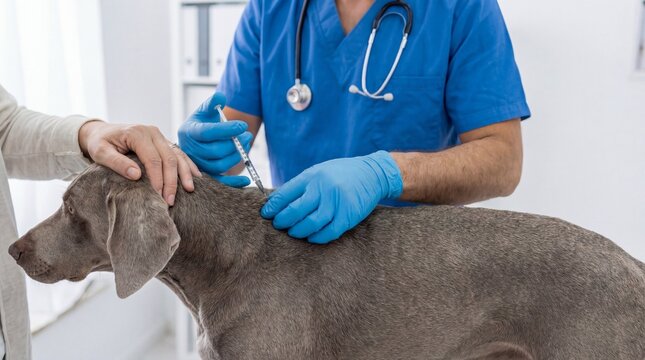 Dog receives vaccination in veterinary clinic during daytime visit with owner present