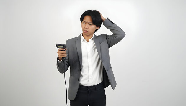 Barcode scanner perplexity Asian businessman contemplates in gray suit against plain backdrop with perplexed expression and hand to head