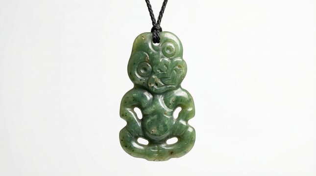 Maori Hei Tiki pendant carved from greenstone (nephrite jade), a cultural symbol of New Zealand, worn as a necklace.
